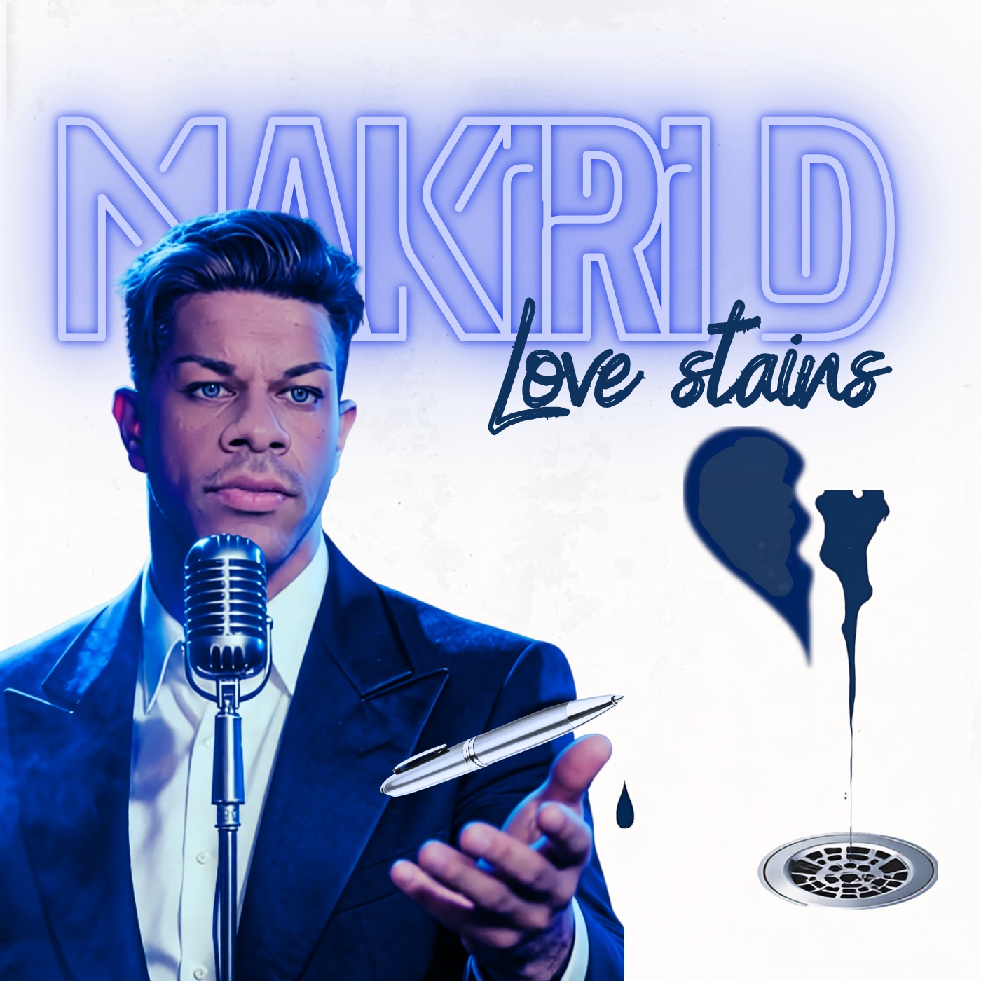 Love stains artwork in blue and white featuring Makiri D at a microphone