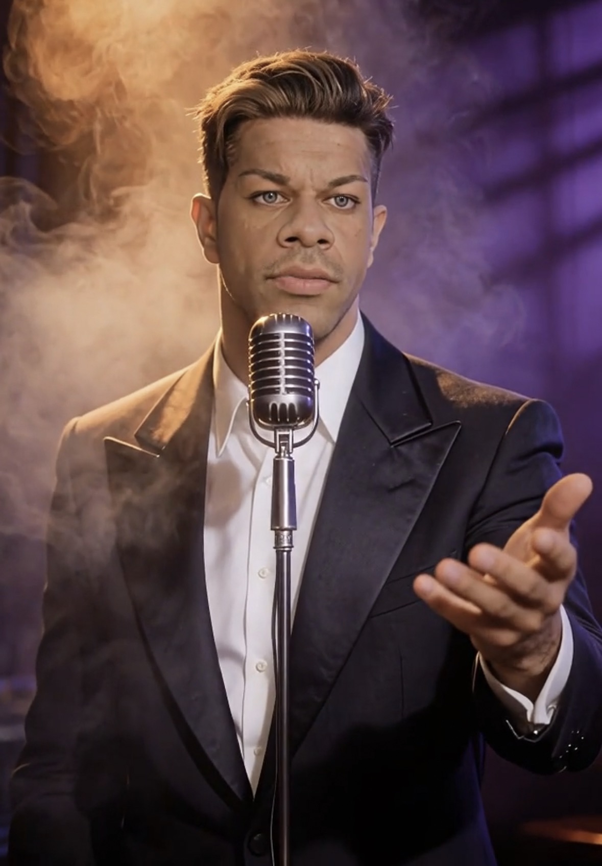 Makiri D at a vintage microphone in bronze and violet light