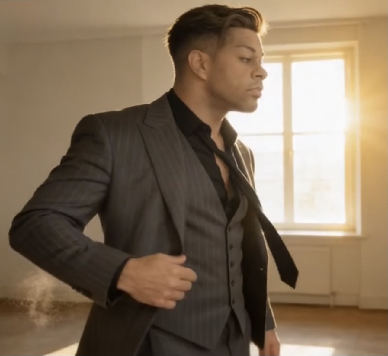 Makiri D in a gray suit beside a sunlit window