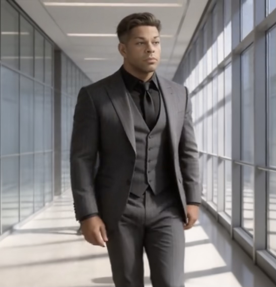 Makiri D in a gray three-piece suit beside a wall of windows